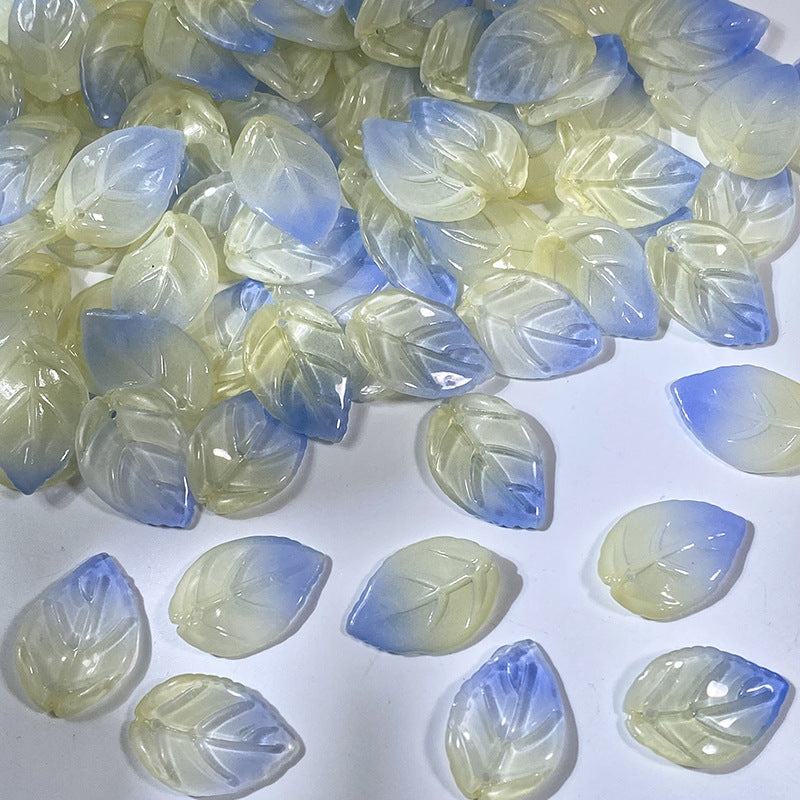 18x26mm glass camellia leaf beads in Blue & Yellow Gradient, 50 pieces per pack