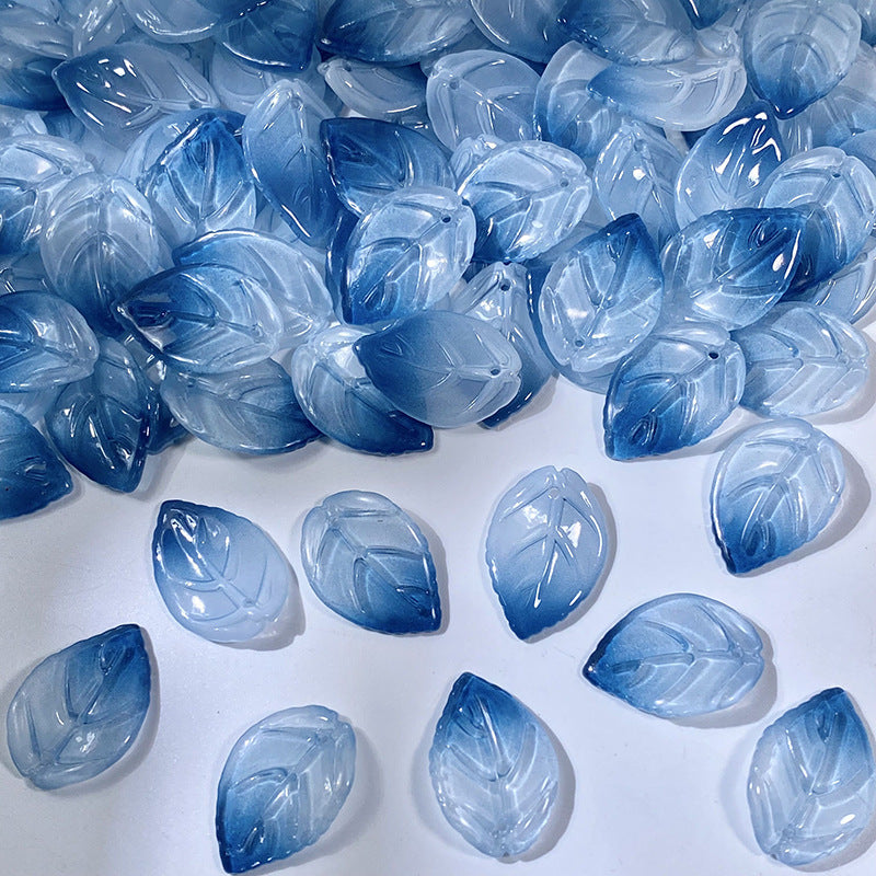 18x26mm glass camellia leaf beads in Ink Blue & White, 50 pieces per pack