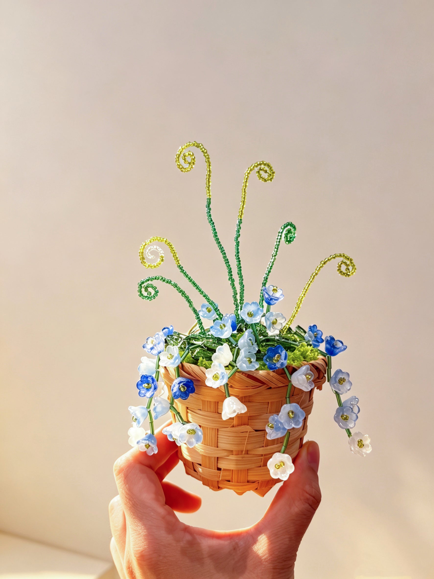 Bluebell beaded plant DIY kit in a mini woven basket