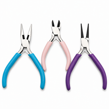 Three-piece polished jewelry pliers set with blue needle-nose pliers, pink diagonal cutter, and purple round-nose pliers