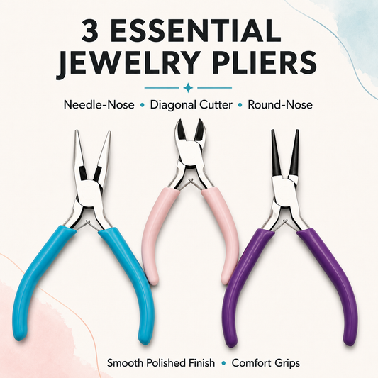 Three essential jewelry pliers with smooth polished metal finish and comfort grips
