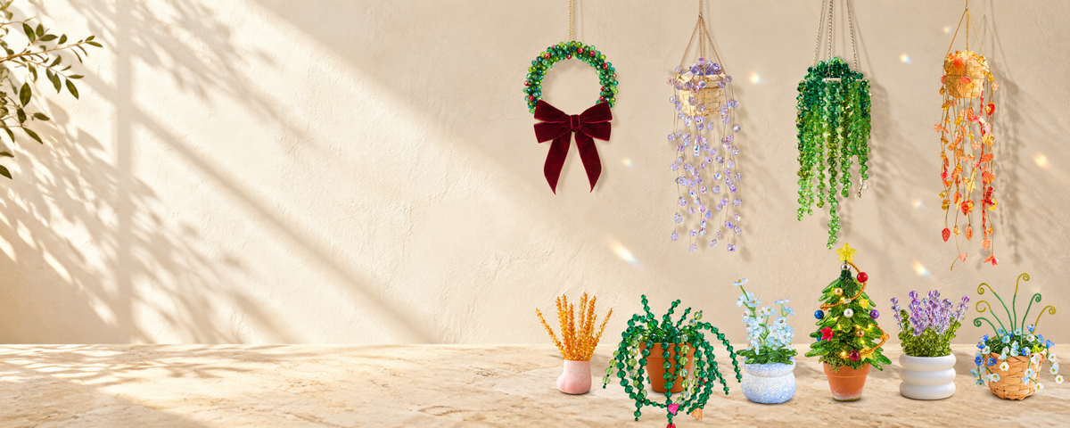 A handmade beaded hanging plant sparkling in a sunny room