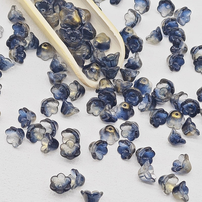 7 x 12 mm glass lily of the valley flower beads in black & gold - 50 beads per pack