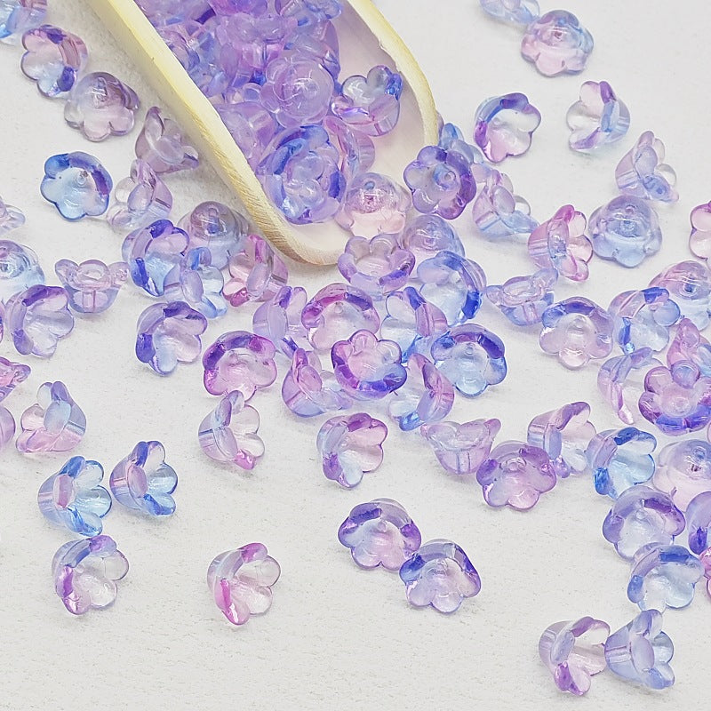 7 x 12 mm glass lily of the valley flower beads in blue & purple - 50 beads per pack