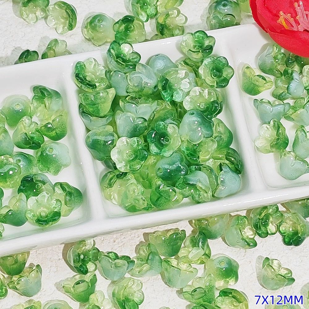 7 x 12 mm glass lily of the valley flower beads in dark green - 50 beads per pack