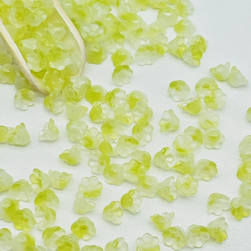 7 x 12 mm glass lily of the valley flower beads in olive green - 50 beads per pack