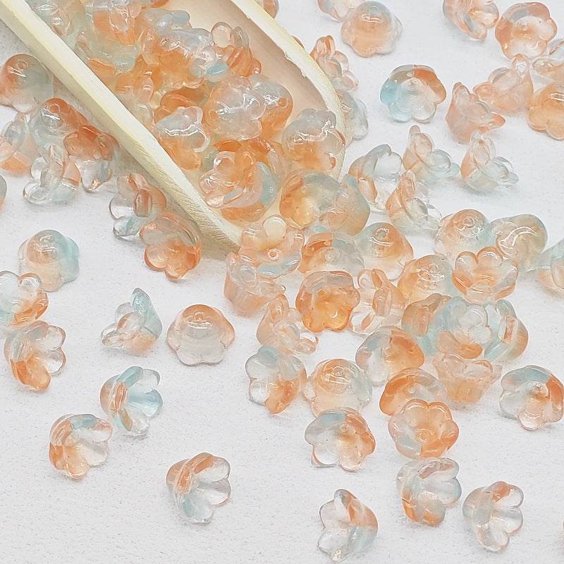 7 x 12 mm glass lily of the valley flower beads in orange & blue - 50 beads per pack