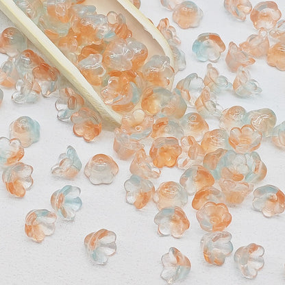 7 x 12 mm glass lily of the valley flower beads in orange & blue - 50 beads per pack