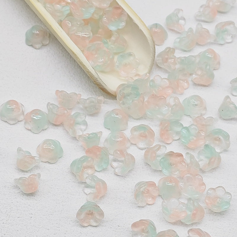 7 x 12 mm glass lily of the valley flower beads in pink & green - 50 beads per pack