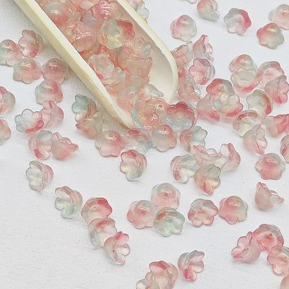 7 x 12 mm glass lily of the valley flower beads in rose & green - 50 beads per pack