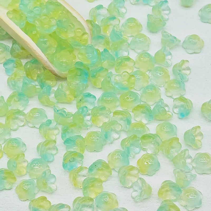 7 x 12 mm glass lily of the valley flower beads in yellow green - 50 beads per pack
