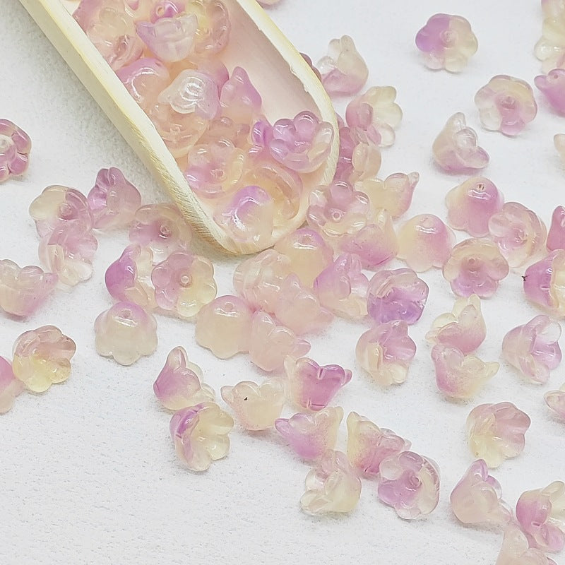 7 x 12 mm glass lily of the valley flower beads in yellow & purple - 50 beads per pack