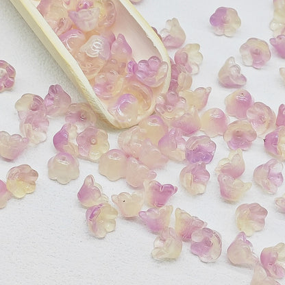 7 x 12 mm glass lily of the valley flower beads in yellow & purple - 50 beads per pack