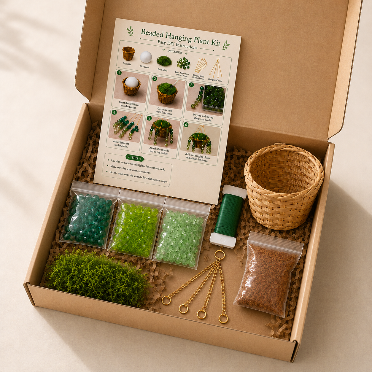 Gift-ready beaded plant DIY kit packed in a kraft box with beads, mini basket, cord, and instruction card