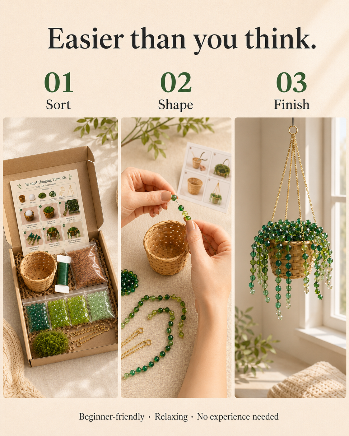 Simple three-step beaded plant DIY kit process showing sort, shape, and finish