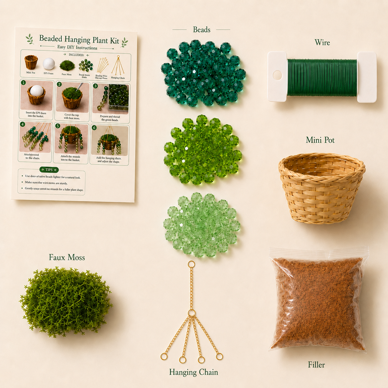 Pre-sorted beads, mini basket, hanging chain, cord, and instruction card for a beaded plant DIY kit