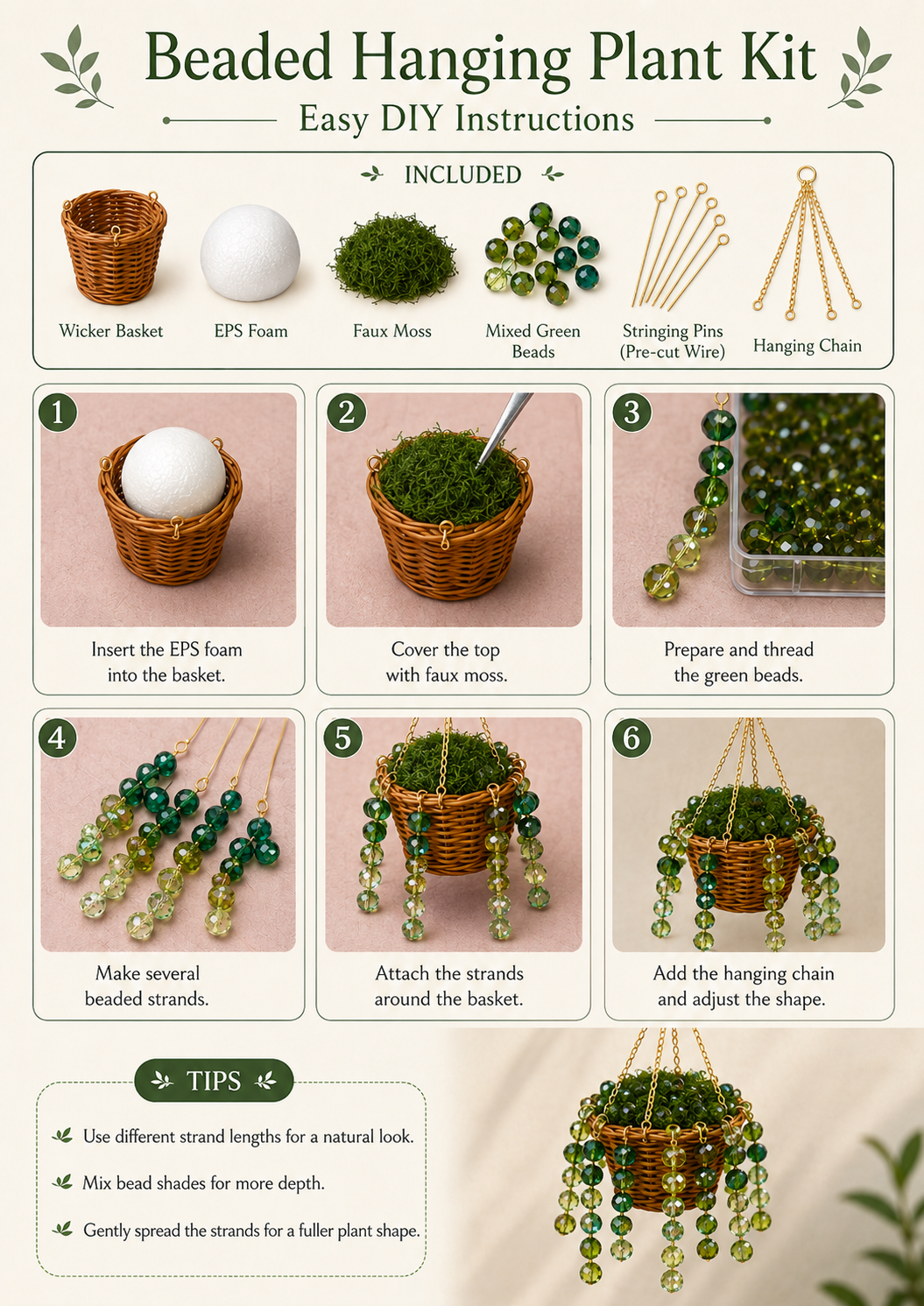 Simple three-step beaded plant DIY kit process showing sort, shape, and finish
