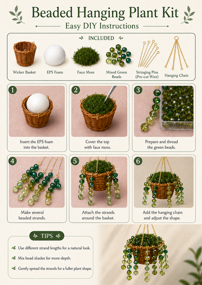 Simple three-step beaded plant DIY kit process showing sort, shape, and finish
