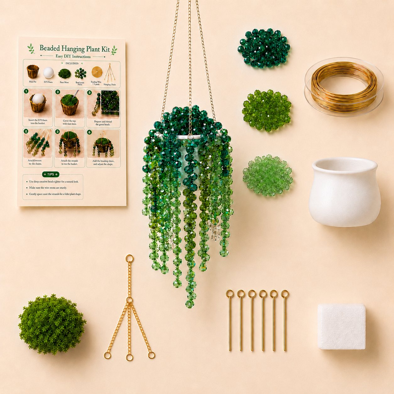 Extra-full white mini pot beaded plant suncatcher DIY kit with green beads, gold wire, hook pins, faux moss, foam block, hanging chain, and instructions