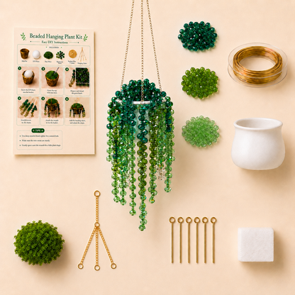 Extra-full white mini pot beaded plant suncatcher DIY kit with green beads, gold wire, hook pins, faux moss, foam block, hanging chain, and instructions
