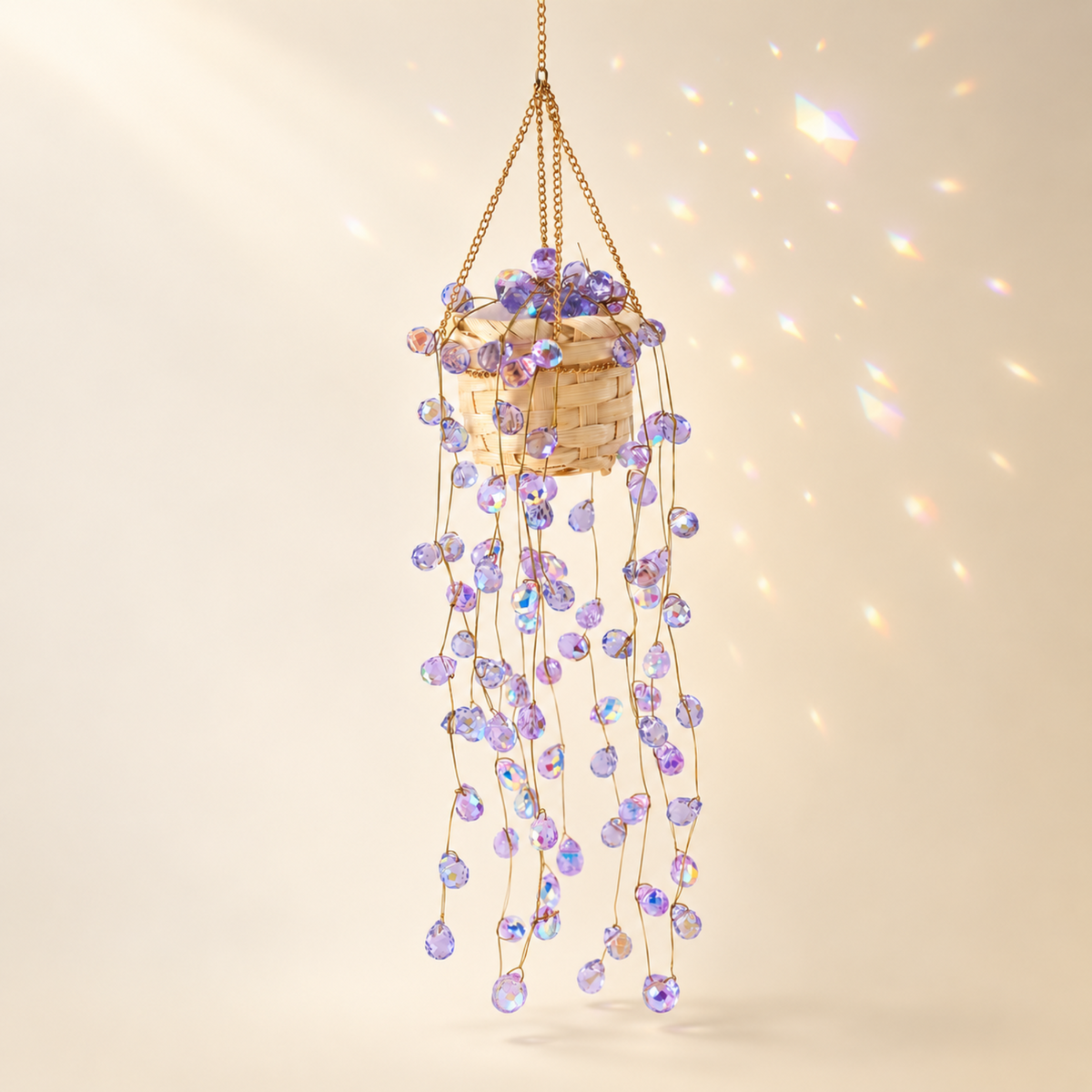 Purple wisteria beaded plant in a small woven basket, lilac beads cascading from a hanging chain