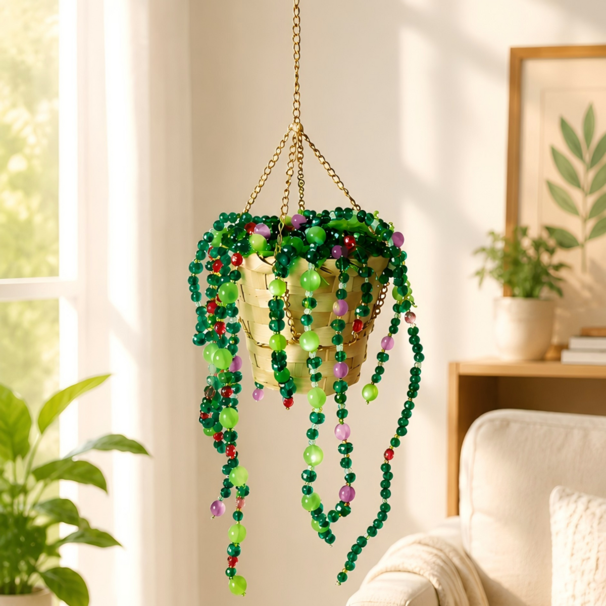 Color Pop mixed-bead hanging plant DIY kit in a woven basket