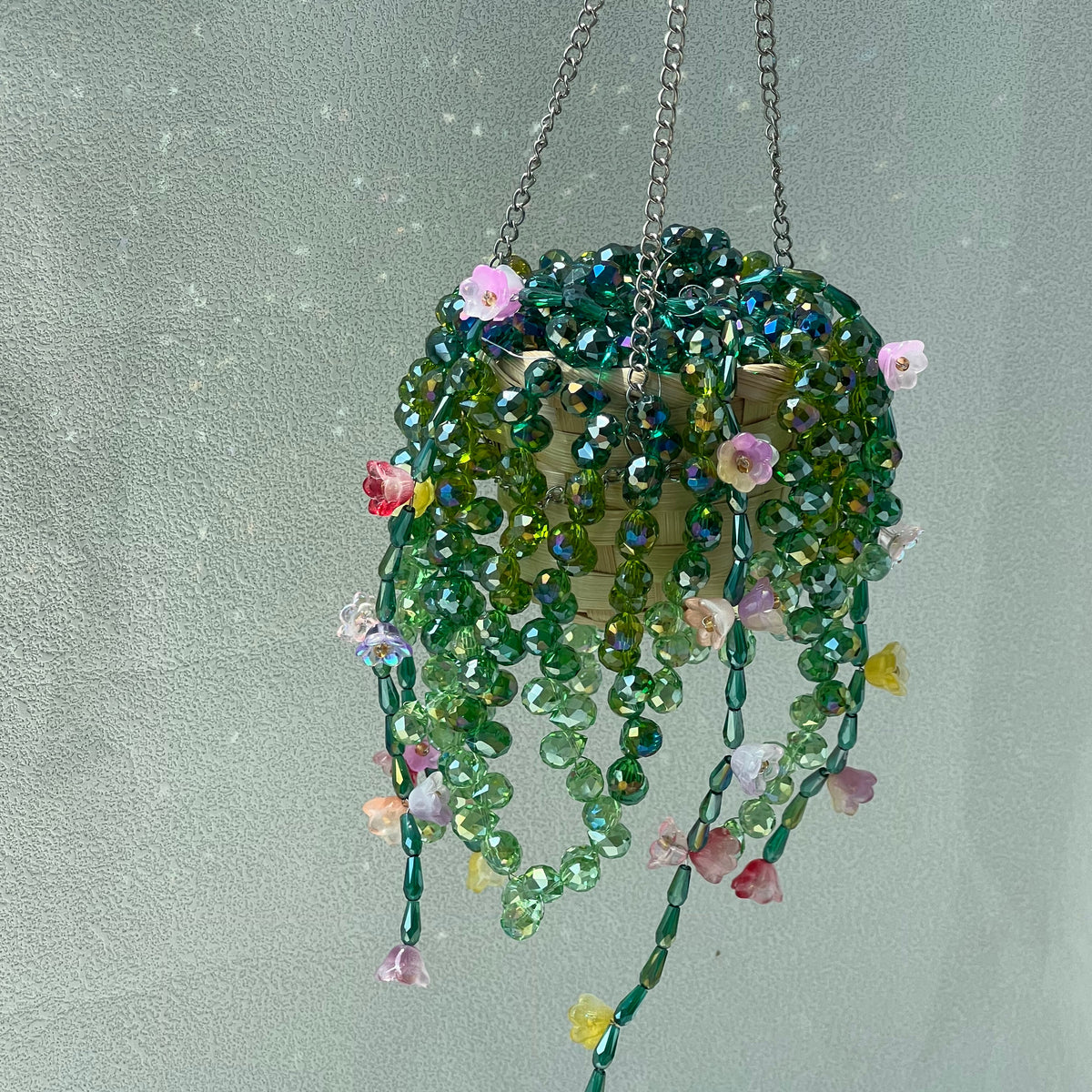 Extra-full cascading beaded hanging plant with flower beads