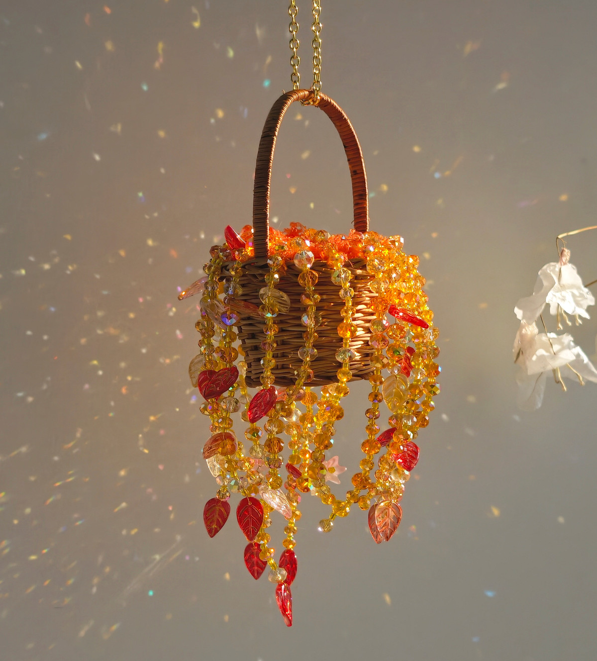 Handmade autumn beaded hanging basket with cascading glass bead strands