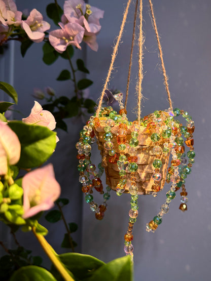 Hanging crystal beaded garden basket with colorful strands