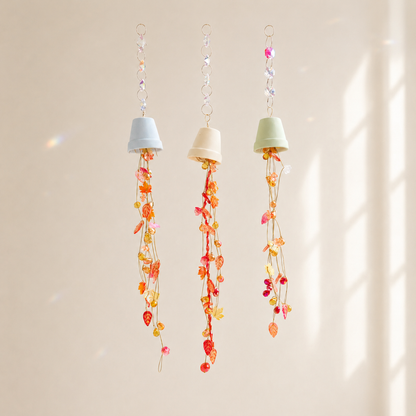 Set of three autumn beaded flower bells with pastel mini pots