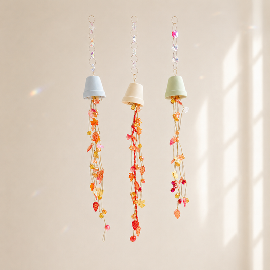 Set of three autumn beaded flower bells with pastel mini pots
