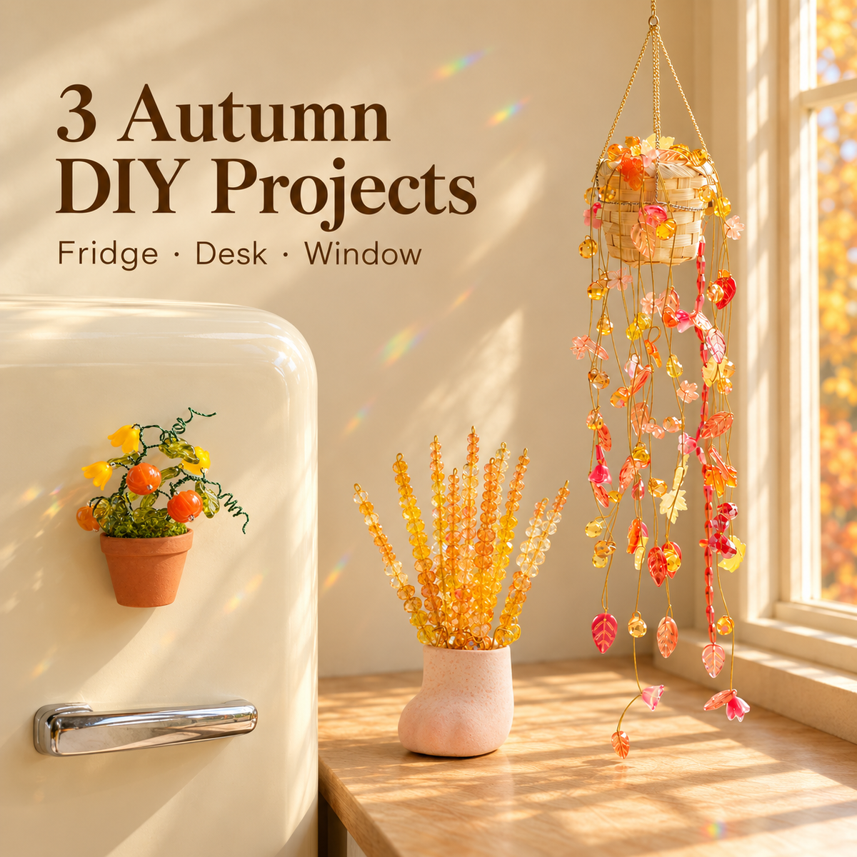 Three Autumn DIY Projects: Pumpkin Garden fridge magnet, Golden Wheat in a pink cat-paw pot on the desk, and Autumn Garden hanging plant beside a sunny window.