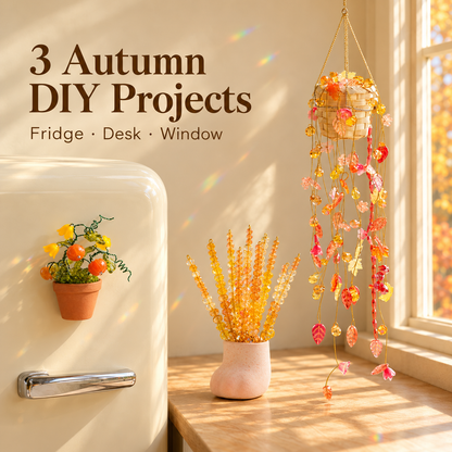 Three Autumn DIY Projects: Pumpkin Garden fridge magnet, Golden Wheat in a pink cat-paw pot on the desk, and Autumn Garden hanging plant beside a sunny window.