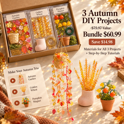 Autumn DIY bundle materials and finished examples: Autumn Garden hanging plant, Golden Wheat in a pink cat-paw pot, and Pumpkin Magnet, with step-by-step tutorials. Bundle $60.99.