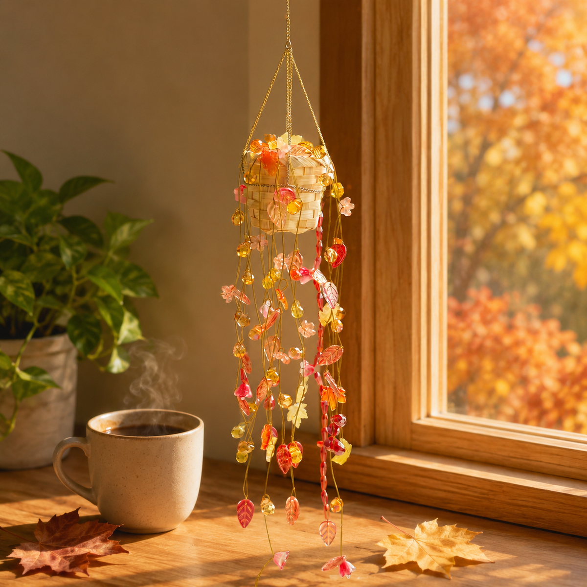 Autumn Garden beaded hanging plant by a warm window with coffee