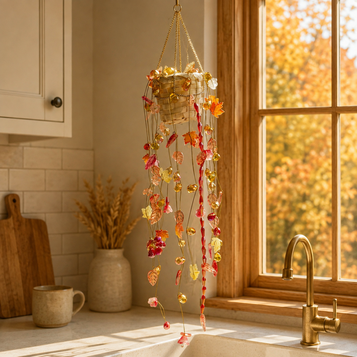 Autumn Garden beaded hanging plant beside a cozy kitchen window