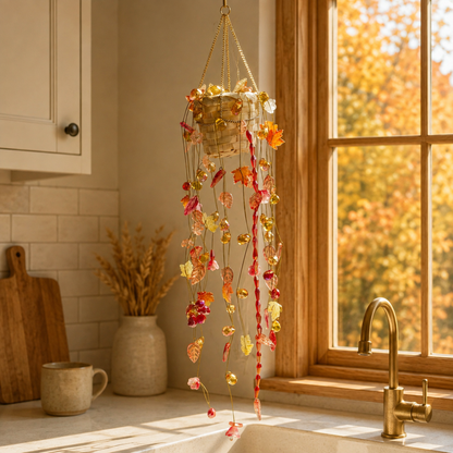 Autumn Garden beaded hanging plant beside a cozy kitchen window