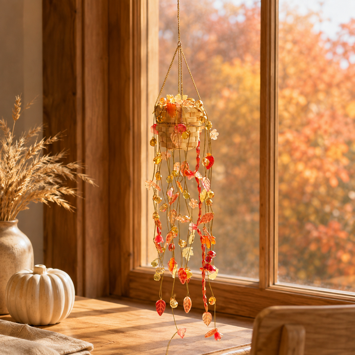 Autumn Garden beaded hanging plant by an autumn dining room window