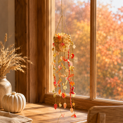 Autumn Garden beaded hanging plant by an autumn dining room window