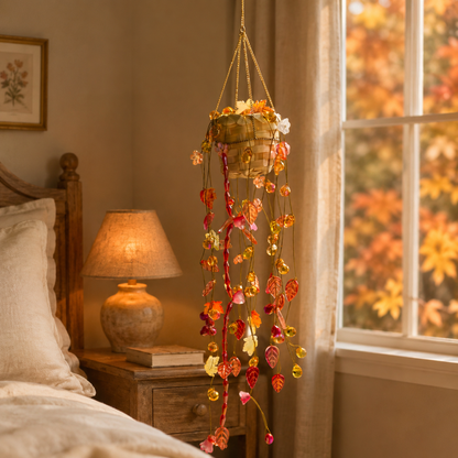 Autumn Garden beaded hanging plant in a warm autumn bedroom
