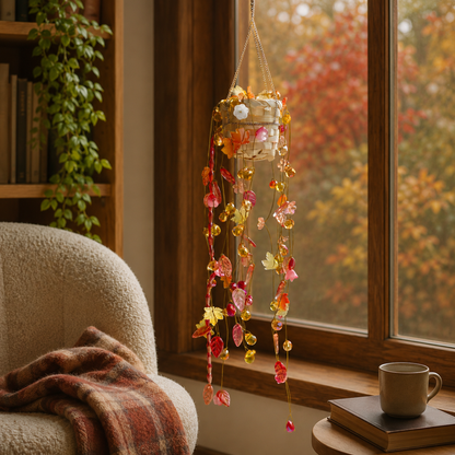 Autumn Garden beaded hanging plant in a cozy fall reading nook