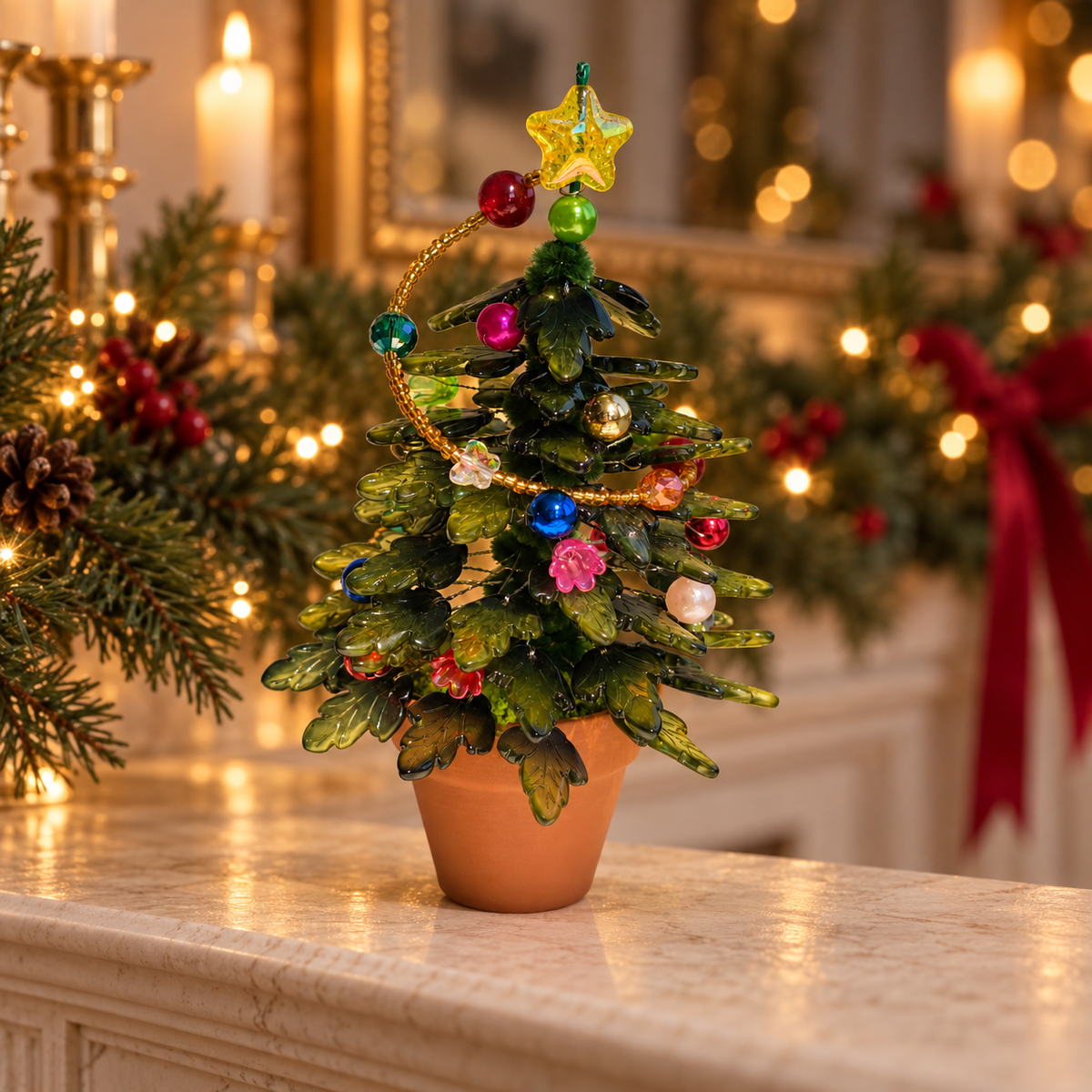 Dark green beaded Christmas tree on a mantel with warm Christmas lights