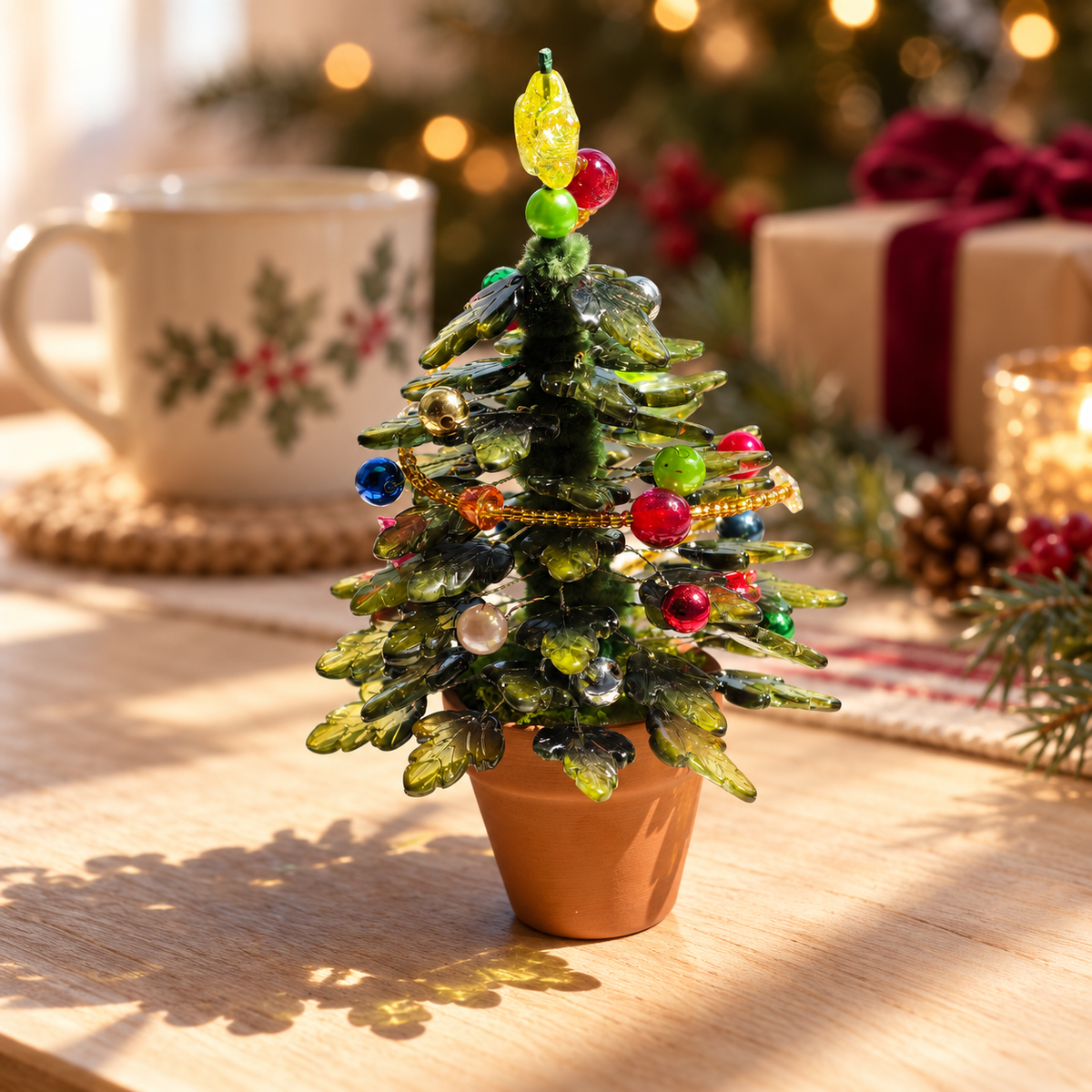 Dark green beaded Christmas tree in a cozy Christmas tabletop setting
