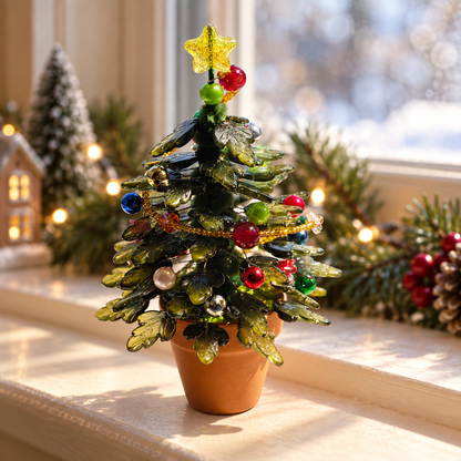 Dark green miniature beaded Christmas tree on a festive windowsill in natural sunlight