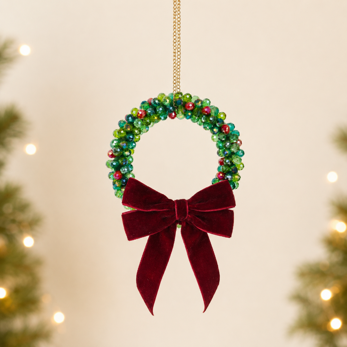 Included project: Classic beaded Christmas wreath with burgundy velvet bow.
