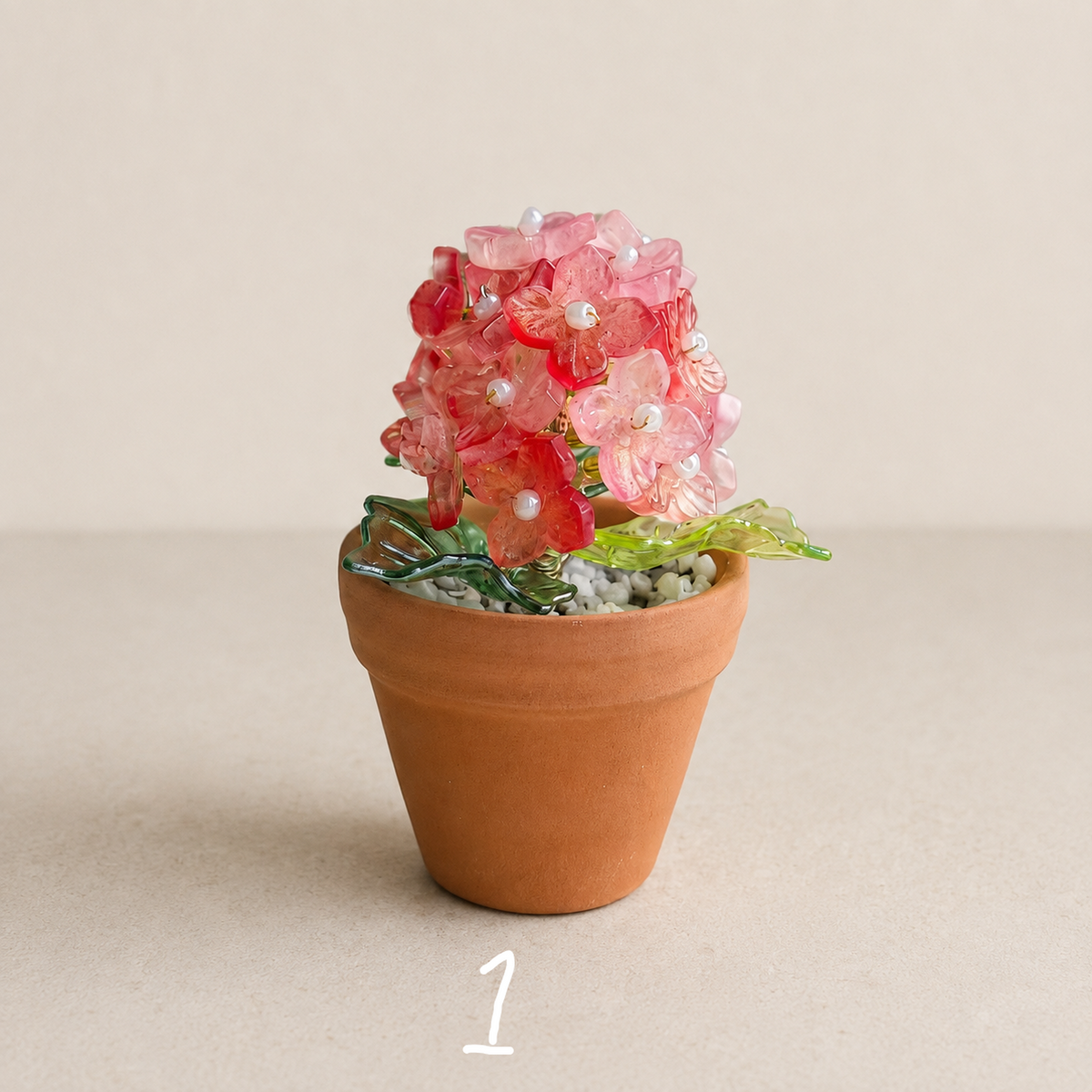 Rose pink beaded hydrangea fridge magnet in a mini terracotta pot