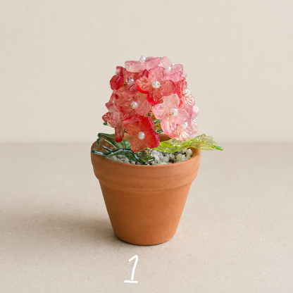 Rose pink beaded hydrangea fridge magnet in a mini terracotta pot