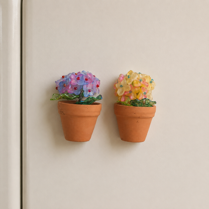 Purple and yellow beaded hydrangea fridge magnets displayed on a refrigerator door