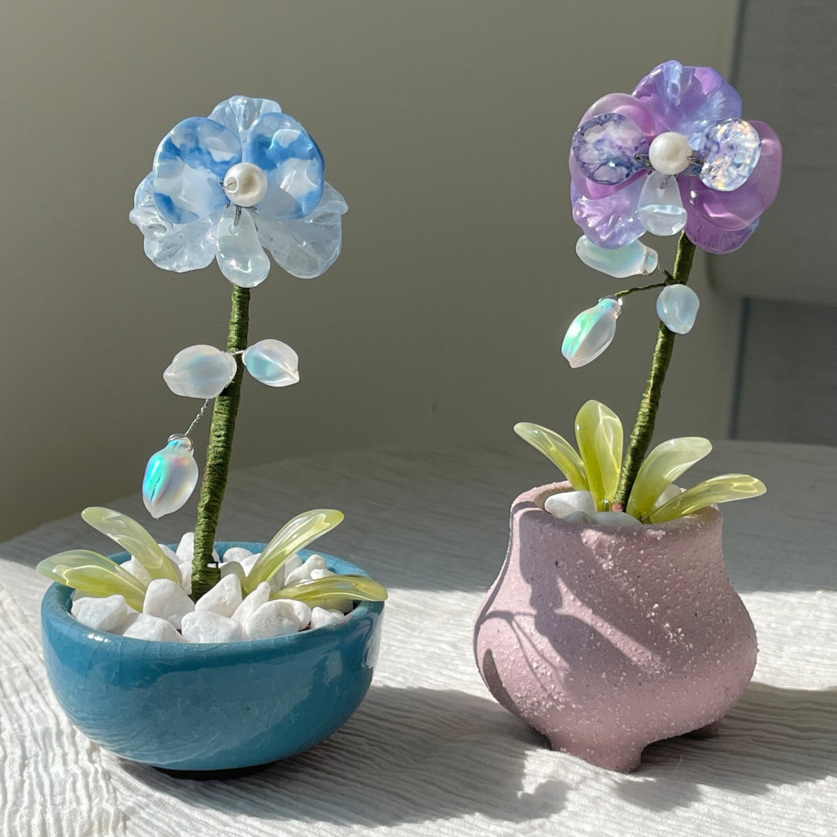 Blue and purple beaded moth orchids displayed together — finished examples