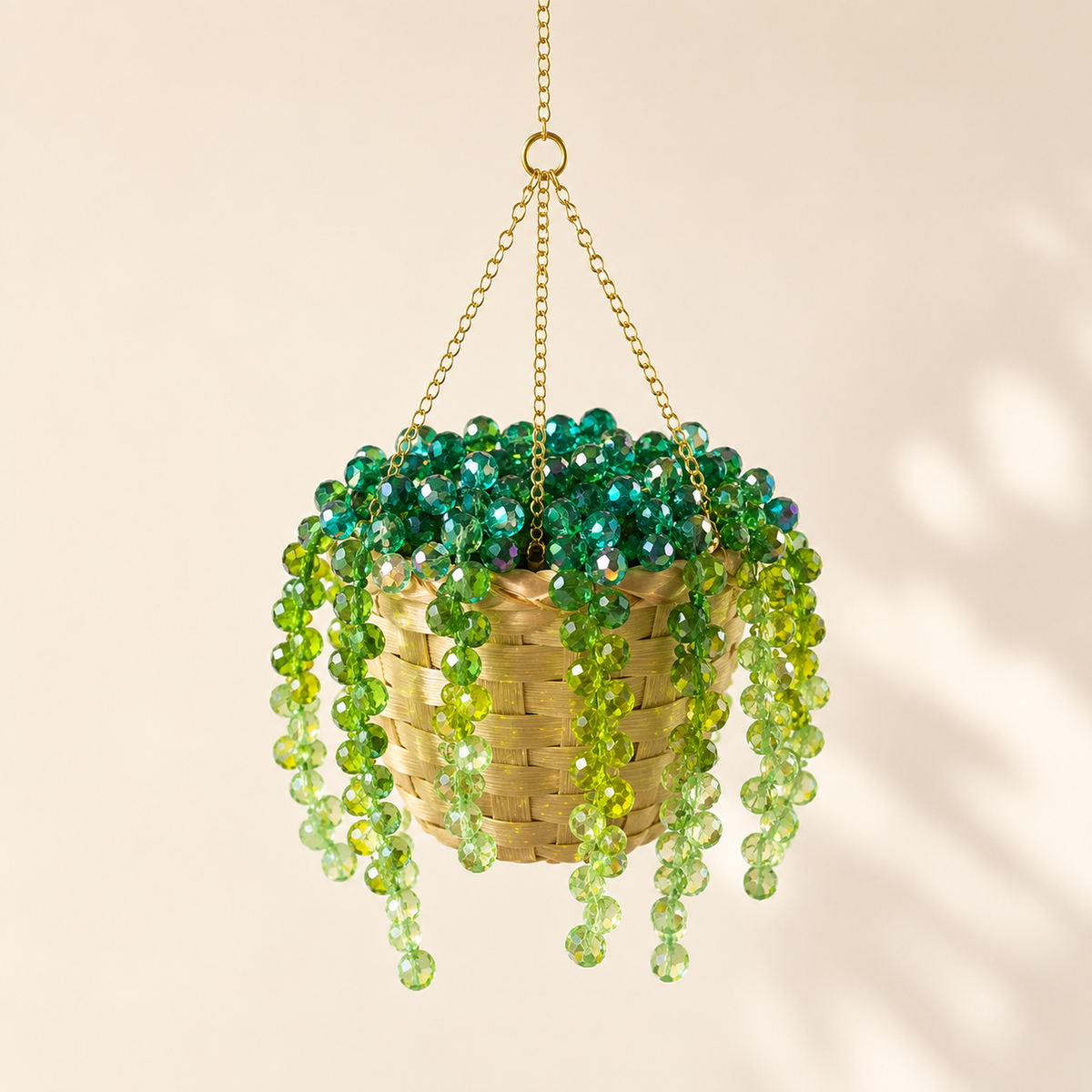 Classic crystal beaded hanging plant DIY kit materials and finished plant
